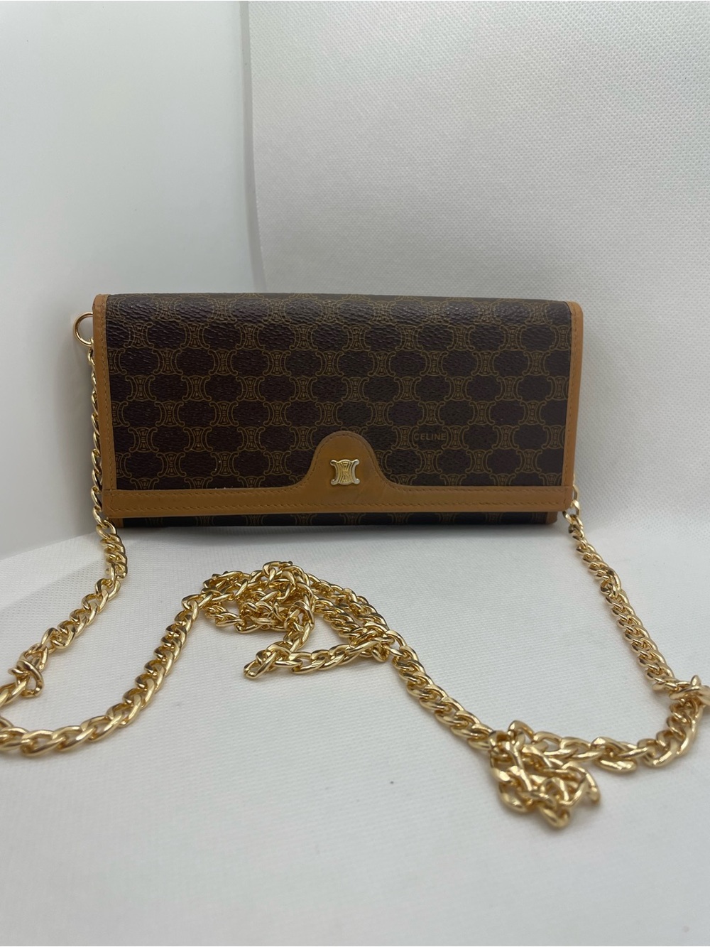 Authentic- Celine Brown & Tan Triomphe Canvas Crossbody Wallet with Gold Chain